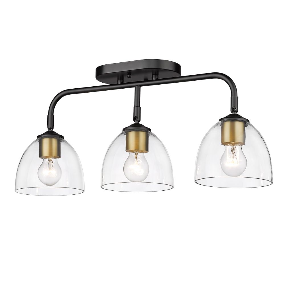 Golden Lighting 6958-3SF BLK-BCB-CLR Roxie 3 Light Semi-Flush in Matte Black with Brushed Champagne Bronze Accents and Clear Glass Shade